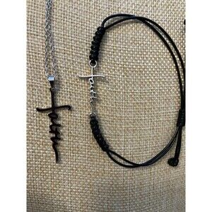 Faith Necklace and Bracelet Set Silver Tone Chain and Black Adjustable Bracelet